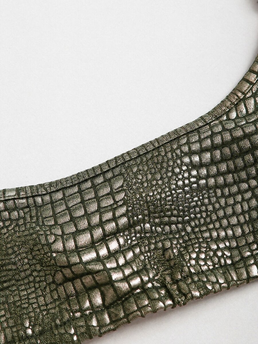 Women's black cropped camisole top with faux crocodile texture, backless spaghetti straps, and matching arm sleeves.