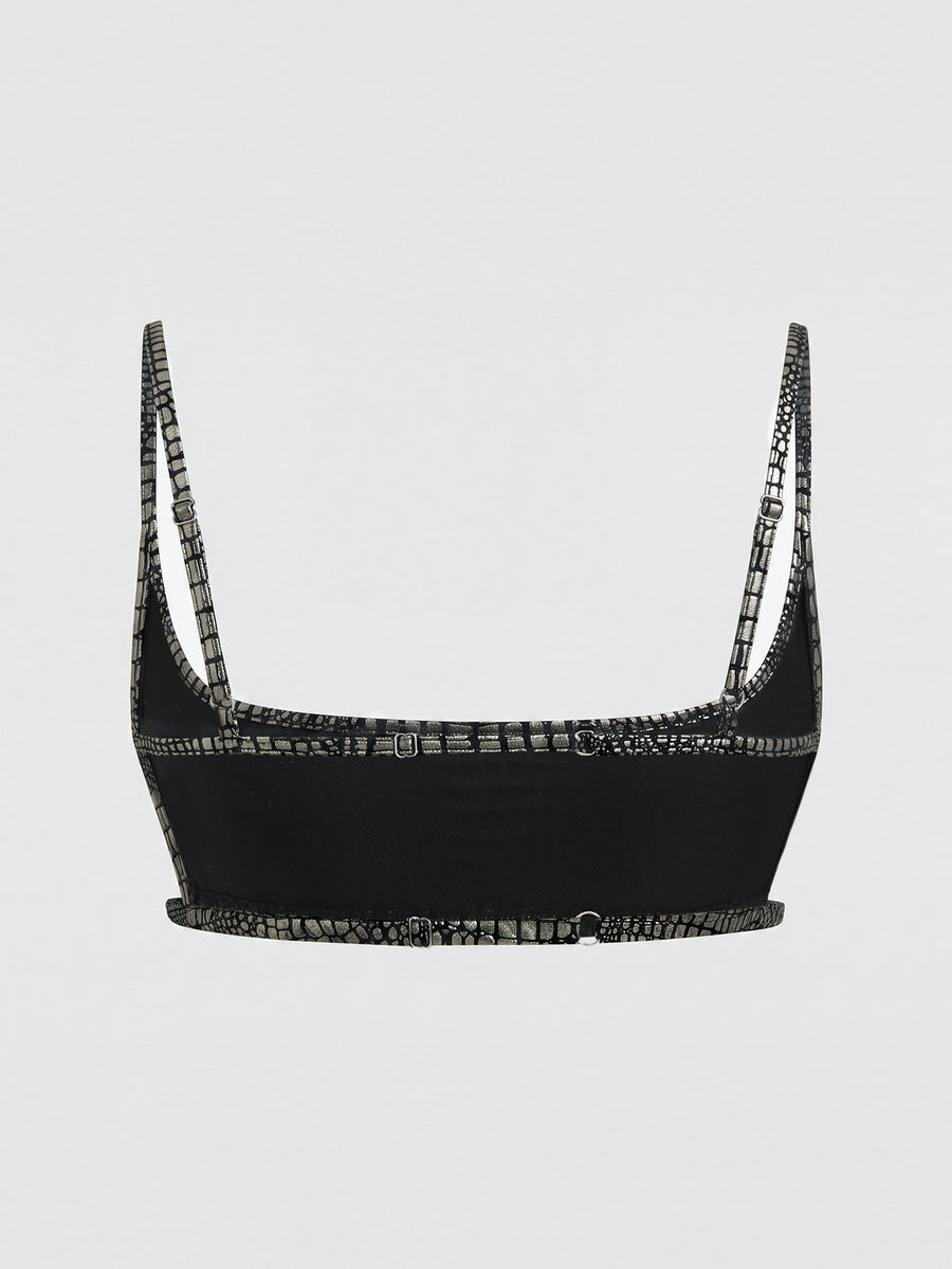 Women's black cropped camisole top with faux crocodile texture, backless spaghetti straps, and matching arm sleeves.