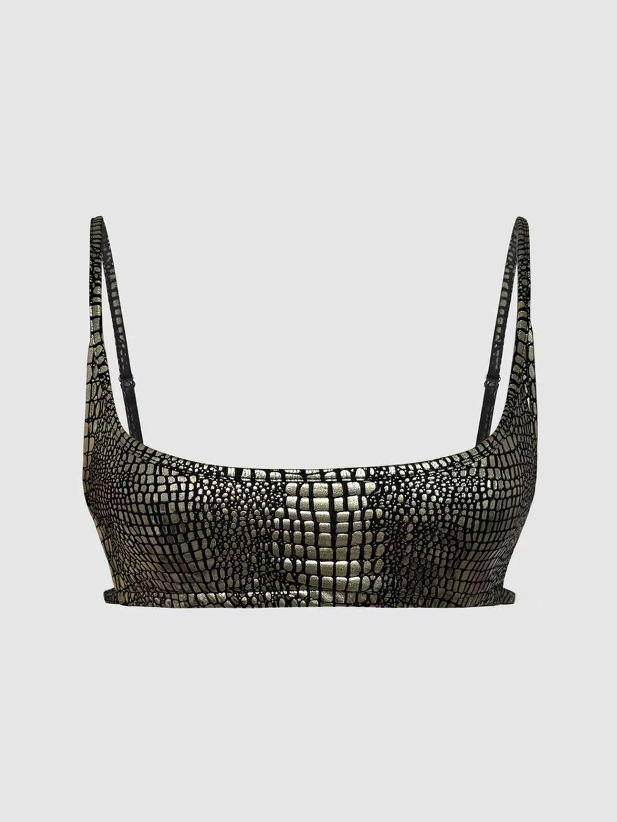 Women's black cropped camisole top with faux crocodile texture, backless spaghetti straps, and matching arm sleeves.