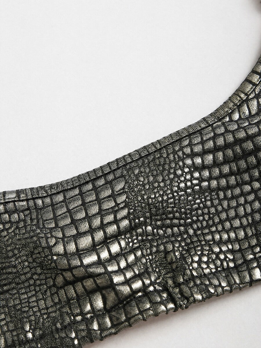 Women's black cropped camisole top with faux crocodile texture, backless spaghetti straps, and matching arm sleeves.