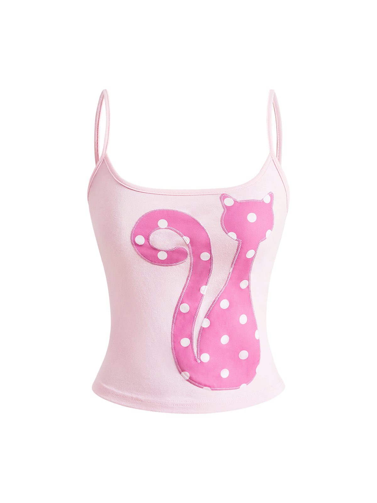 A women's pink slim fit tank top featuring a polka dot pattern, cute cat embroidery applique with a 3D bow, and thin spaghetti straps.