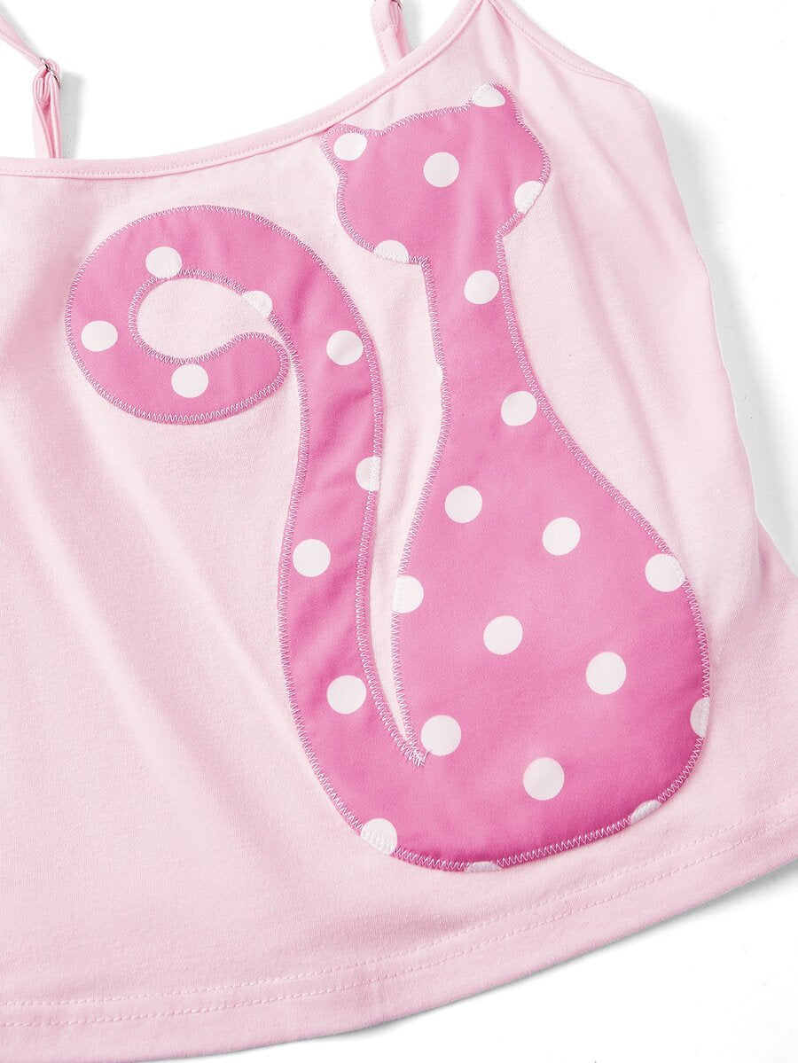 A women's pink slim fit tank top featuring a polka dot pattern, cute cat embroidery applique with a 3D bow, and thin spaghetti straps.