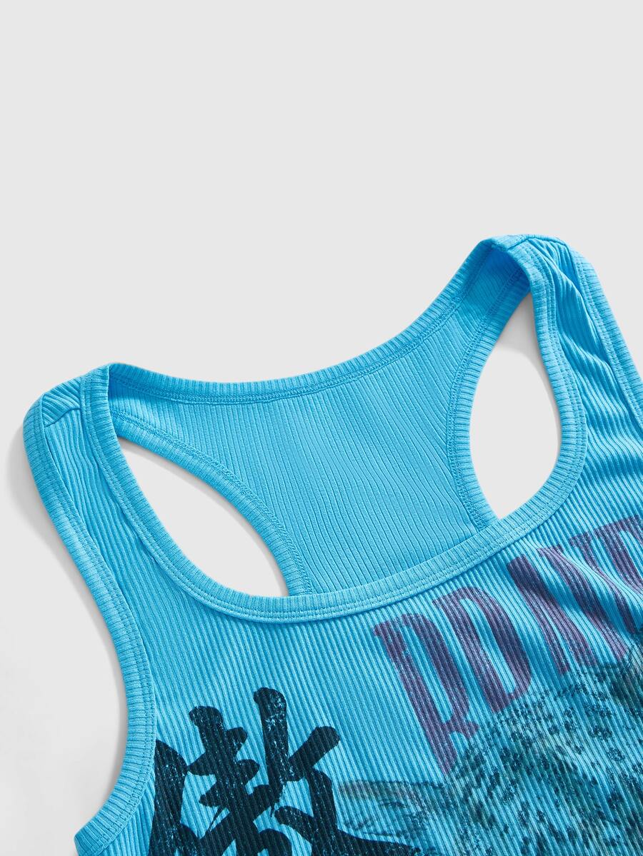 Black rib-knit scoop neck tank top featuring leopard print and graphic lettering for women.