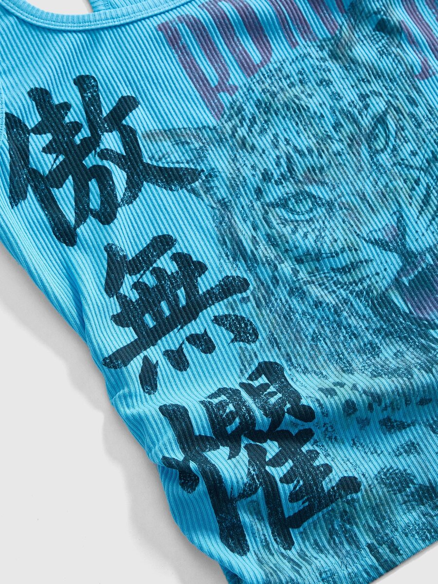 Black rib-knit scoop neck tank top featuring leopard print and graphic lettering for women.