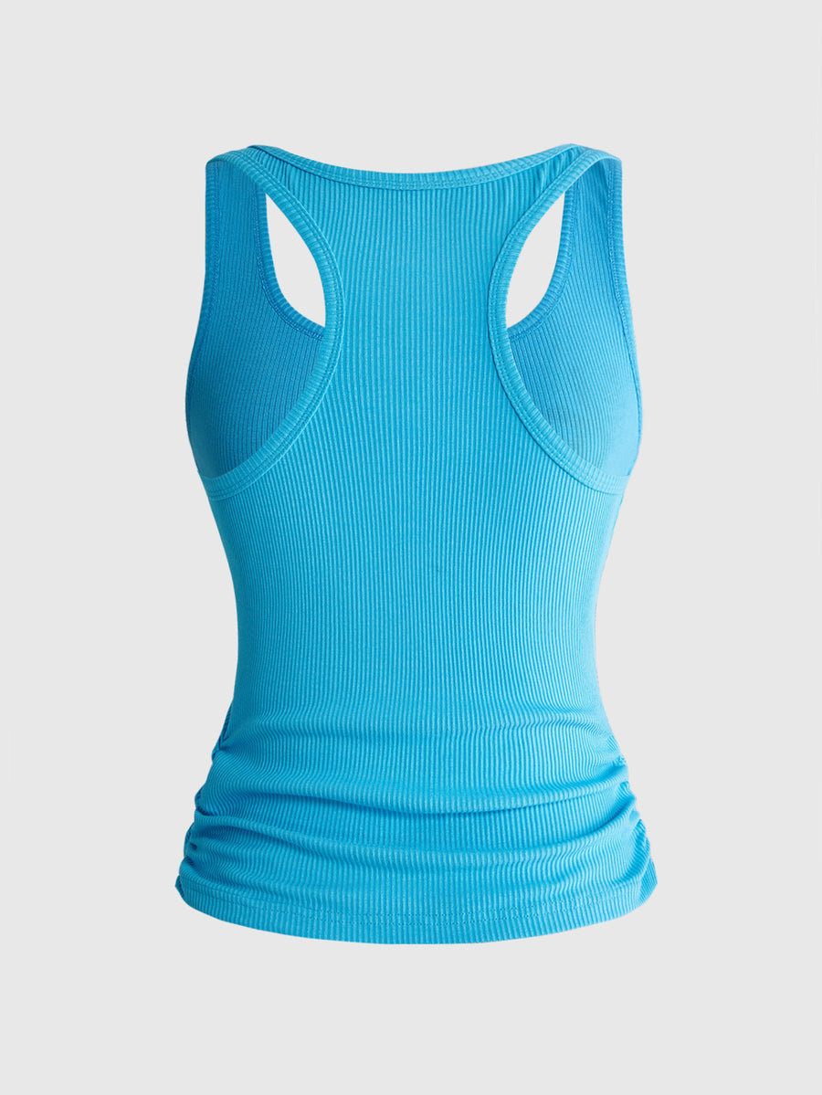 Black rib-knit scoop neck tank top featuring leopard print and graphic lettering for women.