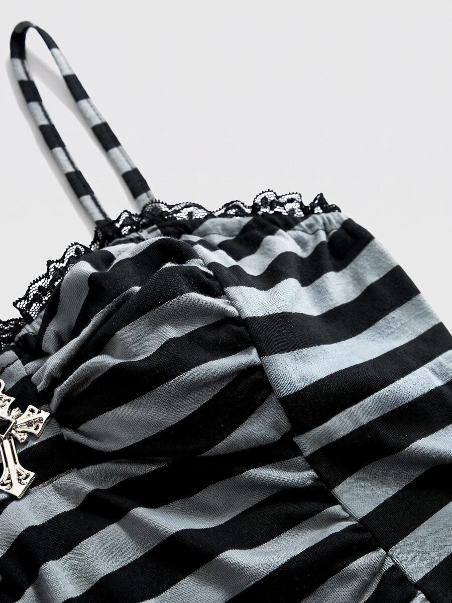 A black gothic slim-fit tank top featuring contrast lace patchwork detailing, ruched frill trim, and thin spaghetti straps made from soft knitted stretch fabric.
