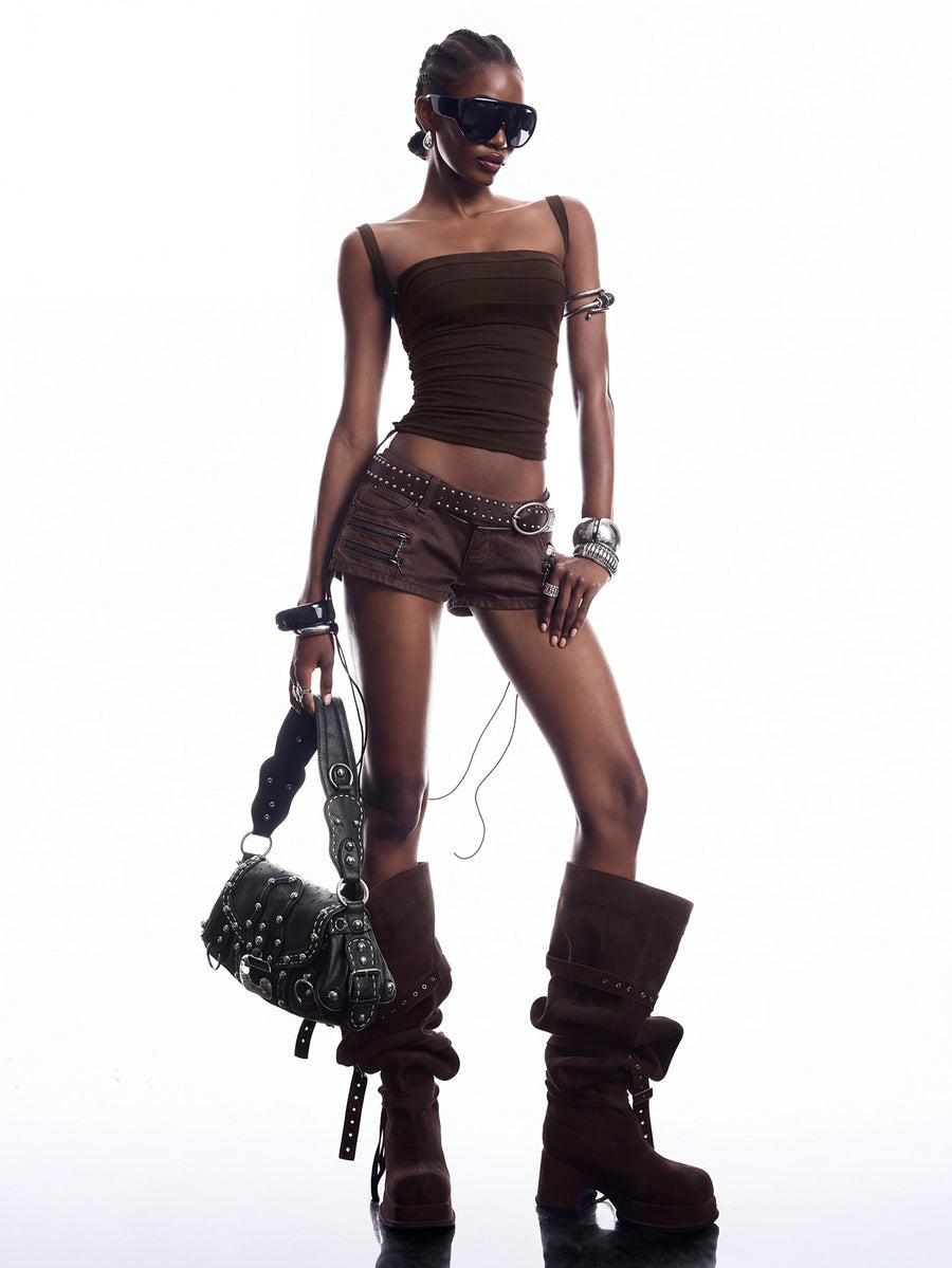 Black PU leather cropped camisole top for women featuring spaghetti straps, side tie details, and a ruched slim fit.