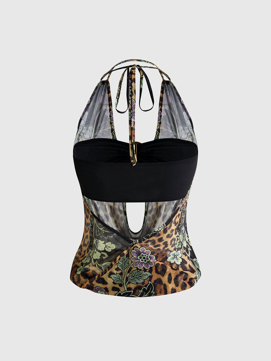 Women's cowl neck halter crop tank top featuring a draped backless design and matching bandeau inner layer.