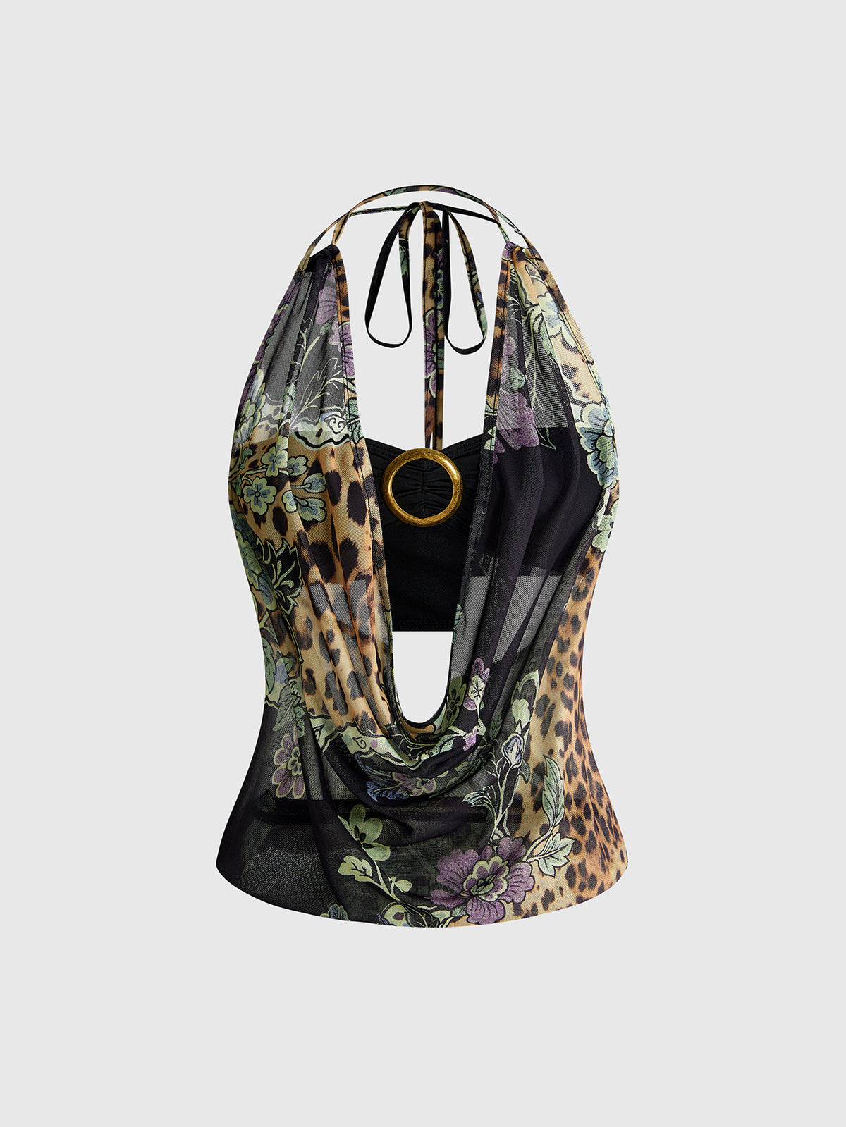 Women's cowl neck halter crop tank top featuring a draped backless design and matching bandeau inner layer.