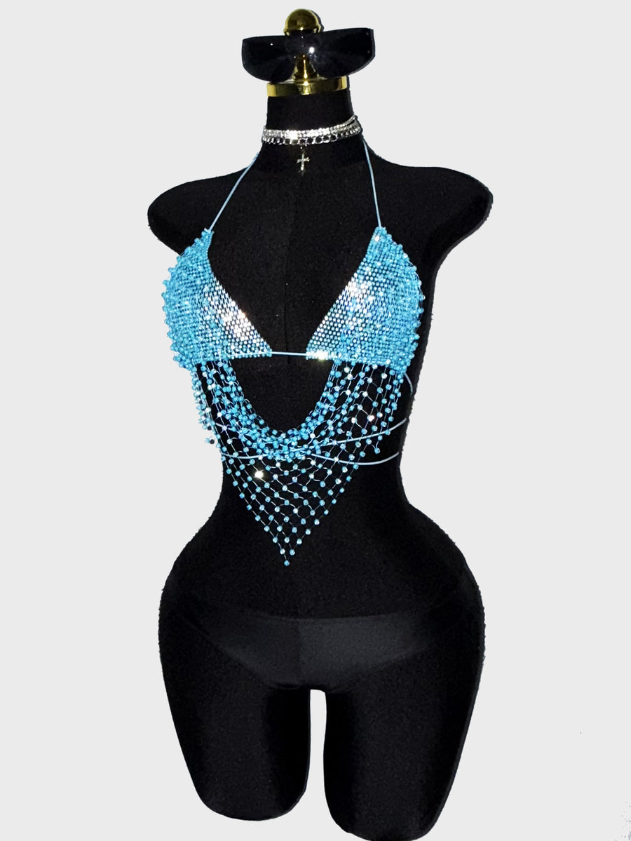 Black sheer mesh halter top for women featuring rhinestone glitter effect, backless design, chain details, and an asymmetrical hem.