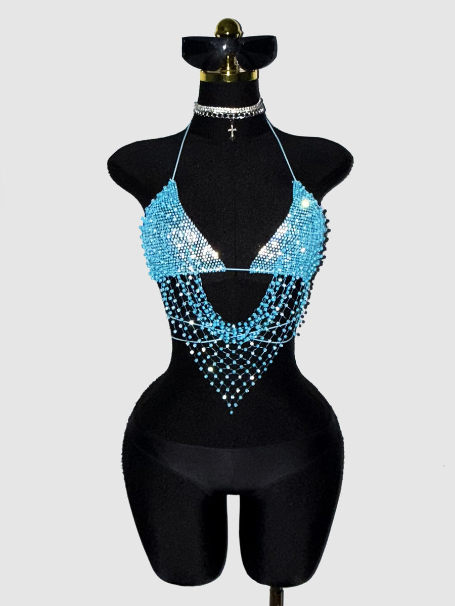Black sheer mesh halter top for women featuring rhinestone glitter effect, backless design, chain details, and an asymmetrical hem.