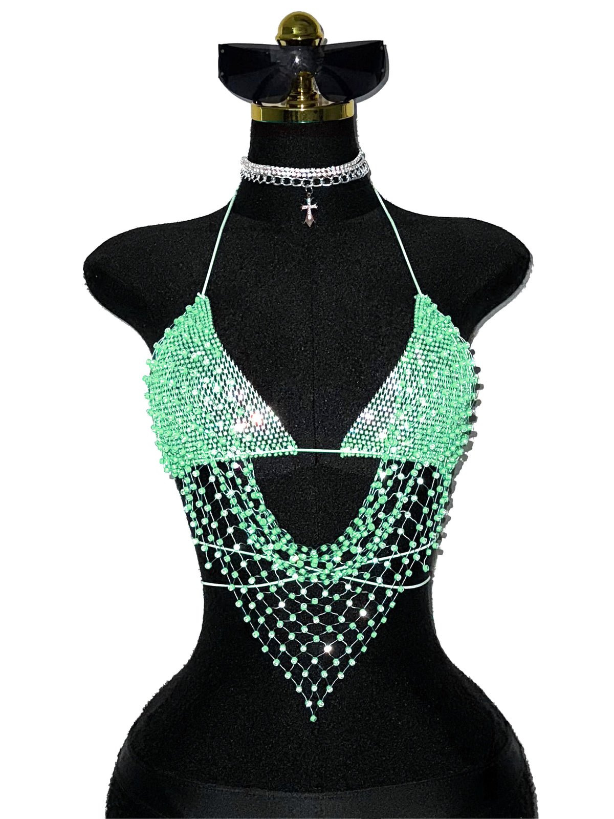 Black sheer mesh halter top for women featuring rhinestone glitter effect, backless design, chain details, and an asymmetrical hem.