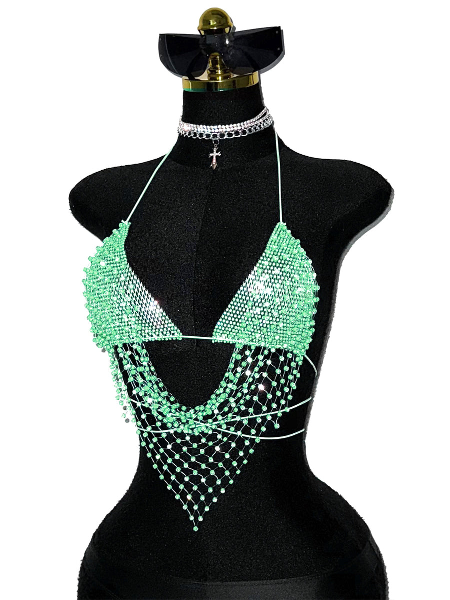 Black sheer mesh halter top for women featuring rhinestone glitter effect, backless design, chain details, and an asymmetrical hem.