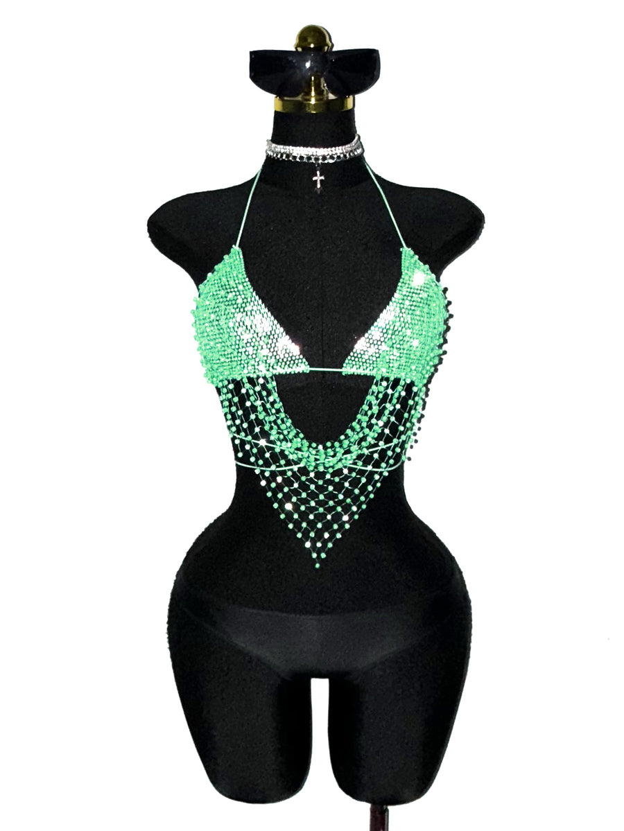 Black sheer mesh halter top for women featuring rhinestone glitter effect, backless design, chain details, and an asymmetrical hem.