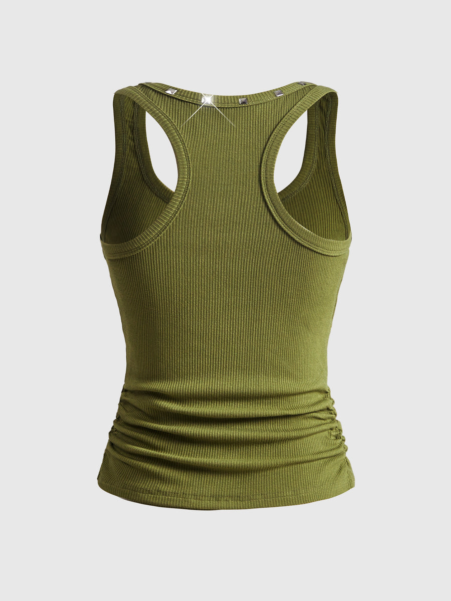Women's black slim fit tank top featuring a starry sky rivet print and square neckline.