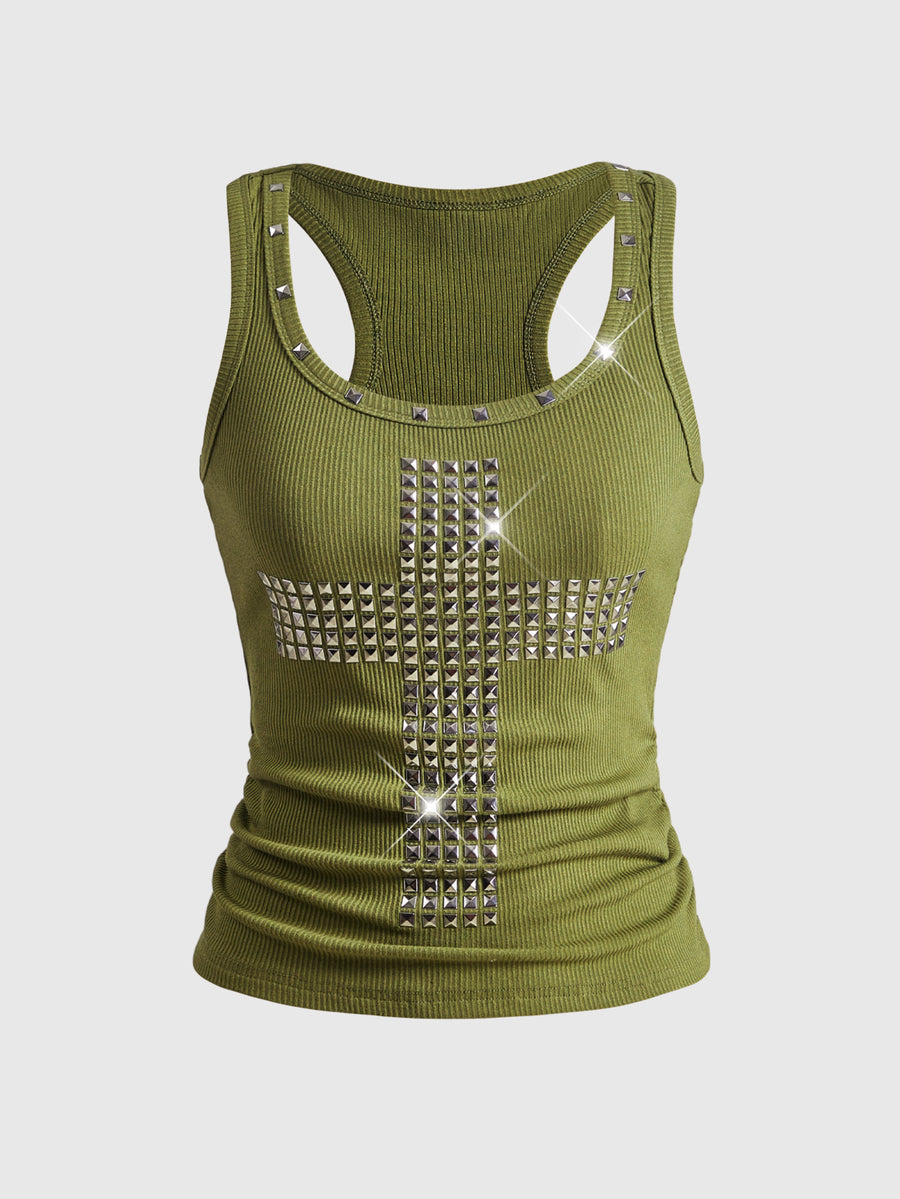Women's black slim fit tank top featuring a starry sky rivet print and square neckline.