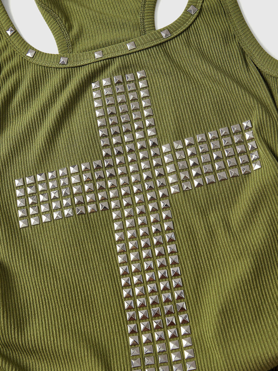 Women's black slim fit tank top featuring a starry sky rivet print and square neckline.