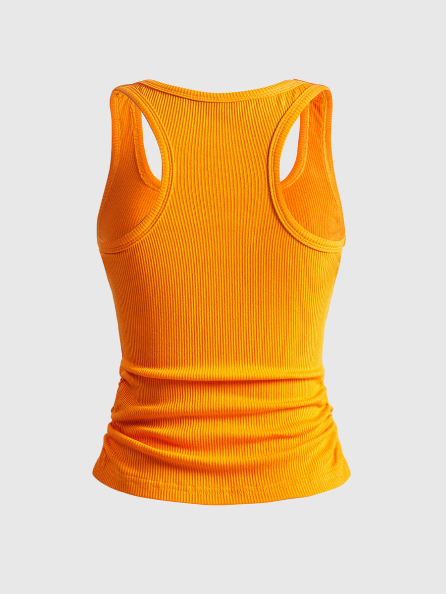 Black rib-knit scoop neck tank top featuring leopard print and graphic lettering for women.