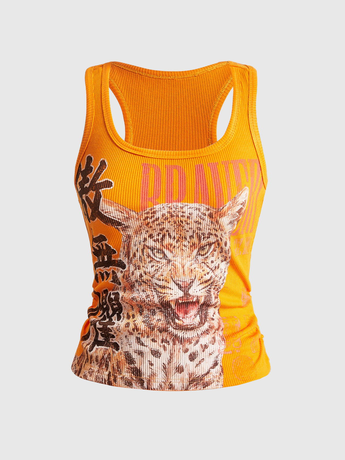 Black rib-knit scoop neck tank top featuring leopard print and graphic lettering for women.
