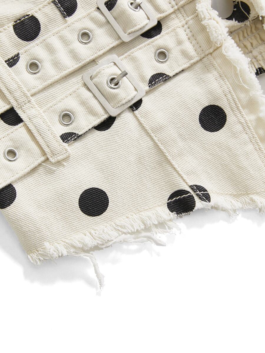 Women's denim halter crop top featuring a backless design, asymmetrical hem, single-breasted front, and lettuce trim.