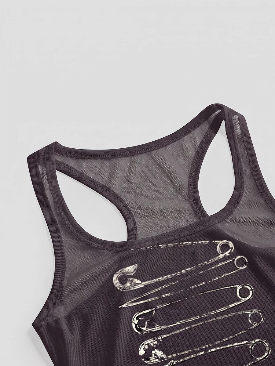 Women's slim fit tank top featuring a tiger dragon folk print, square neckline, cut out detail, and sleeveless cut in beige knitted fabric.