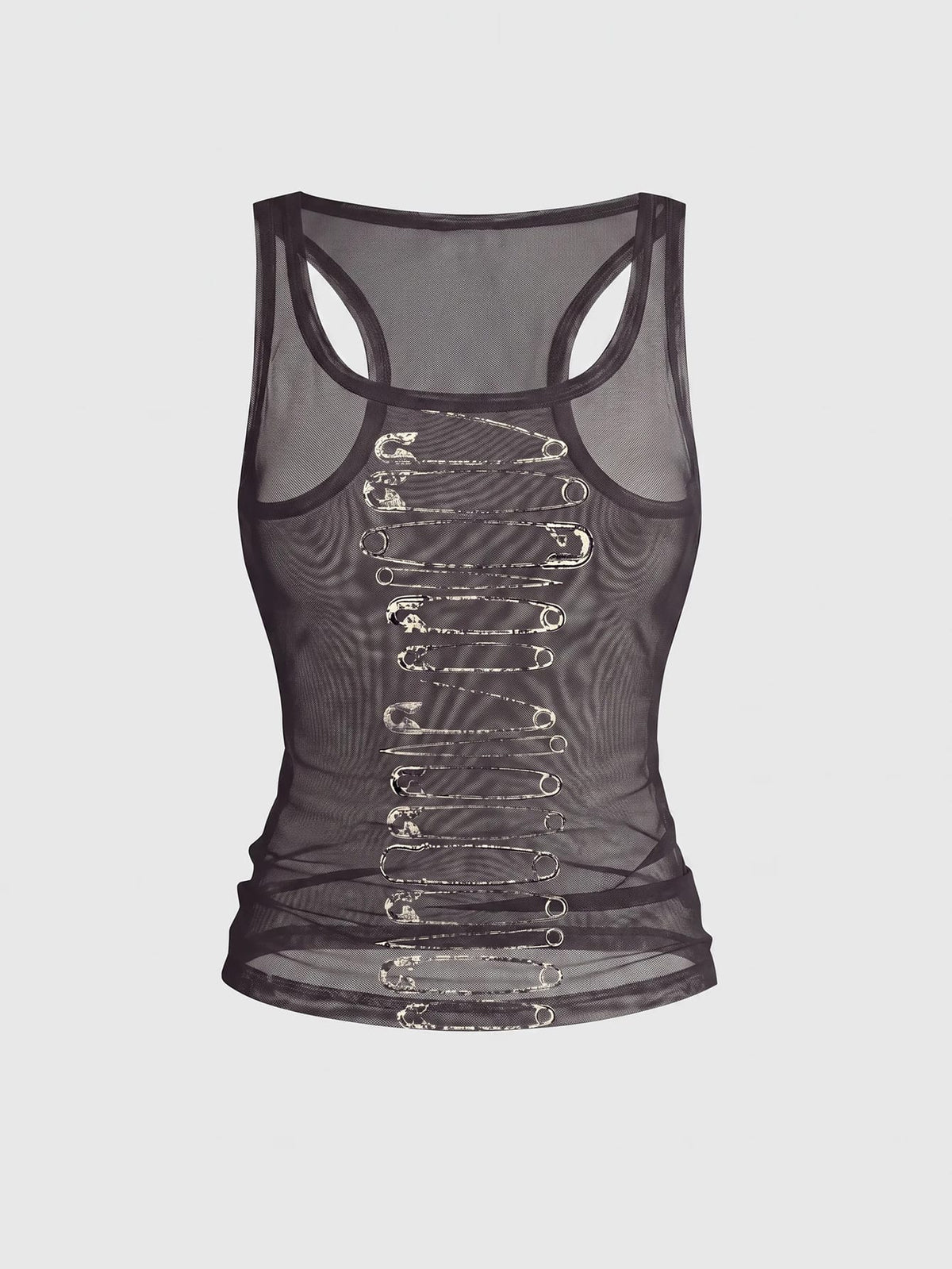 Women's slim fit tank top featuring a tiger dragon folk print, square neckline, cut out detail, and sleeveless cut in beige knitted fabric.