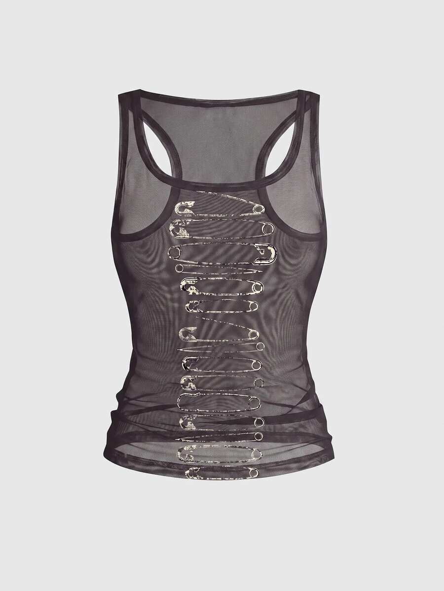 Women's slim fit tank top featuring a tiger dragon folk print, square neckline, cut out detail, and sleeveless cut in beige knitted fabric.