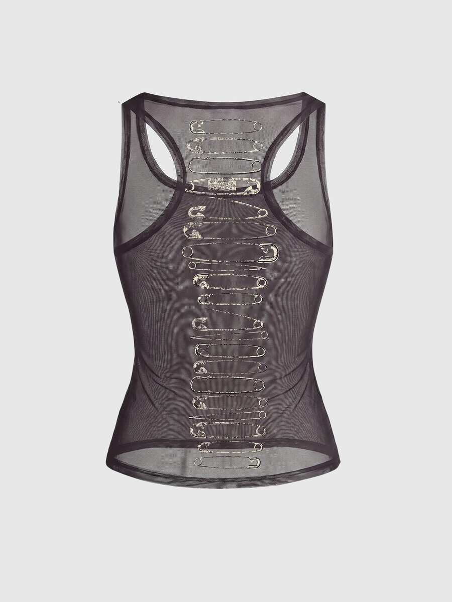 Women's slim fit tank top featuring a tiger dragon folk print, square neckline, cut out detail, and sleeveless cut in beige knitted fabric.