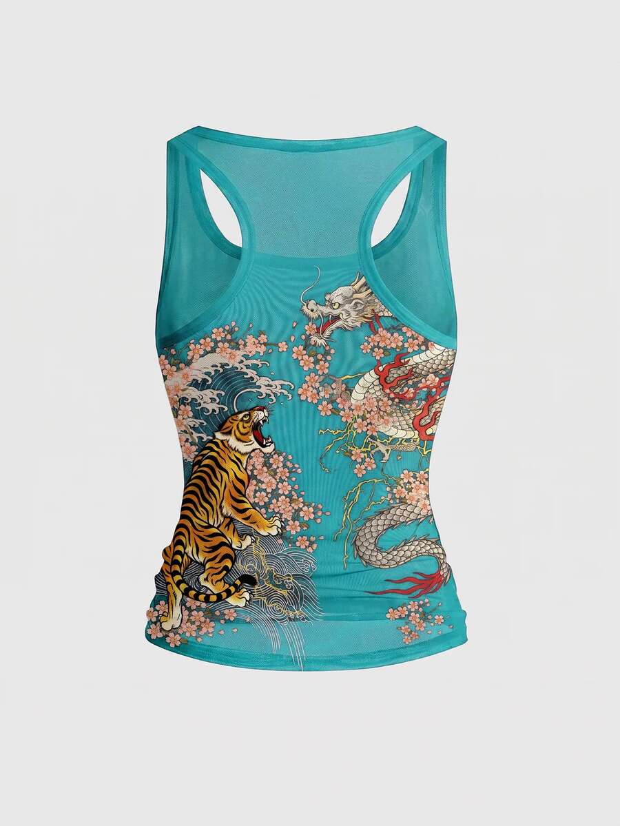 Women's slim fit tank top featuring a tiger dragon folk print, square neckline, cut out detail, and sleeveless cut in beige knitted fabric.