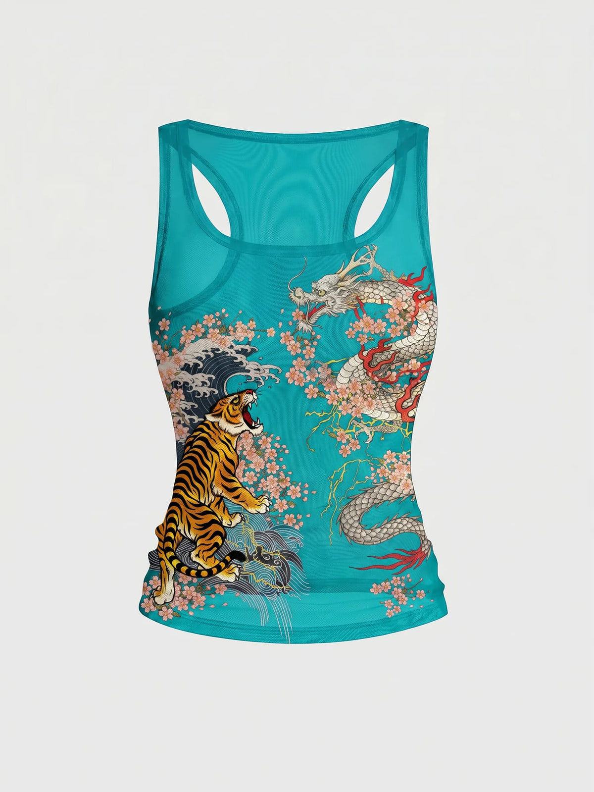 Women's slim fit tank top featuring a tiger dragon folk print, square neckline, cut out detail, and sleeveless cut in beige knitted fabric.