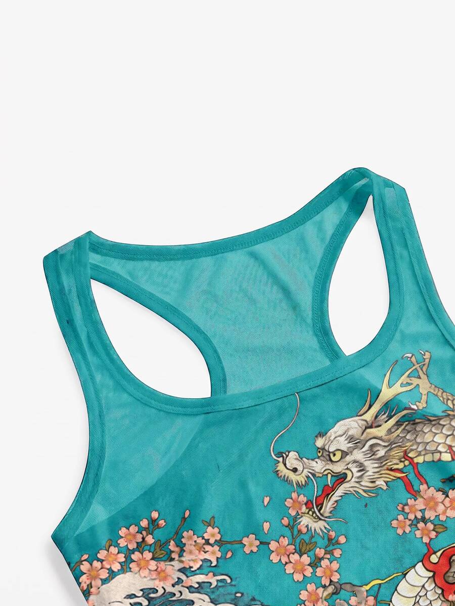 Women's slim fit tank top featuring a tiger dragon folk print, square neckline, cut out detail, and sleeveless cut in beige knitted fabric.