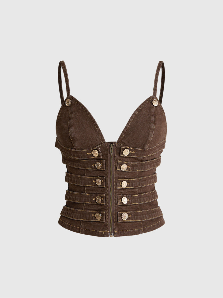 Women's blue fitted denim camisole top featuring metal buckle details, ruched cup design, zipper placket, and thin spaghetti straps.