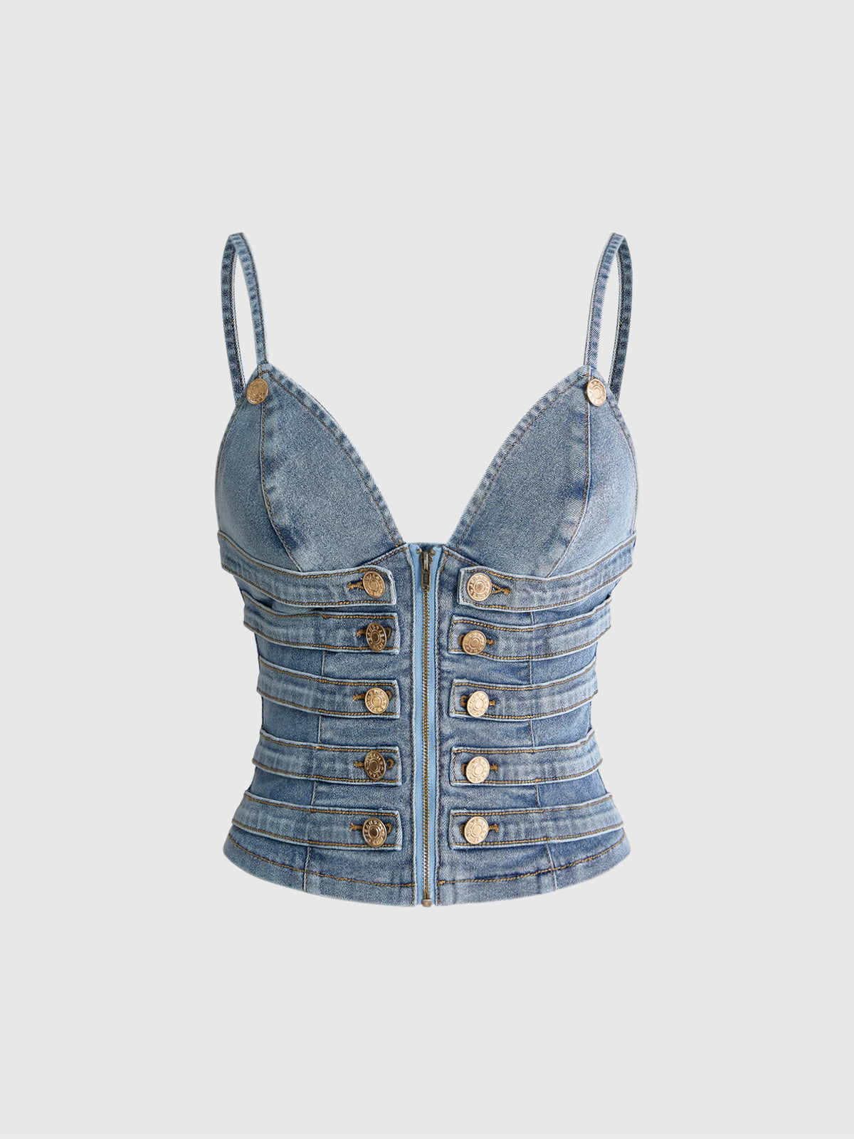 Women's blue fitted denim camisole top featuring metal buckle details, ruched cup design, zipper placket, and thin spaghetti straps.