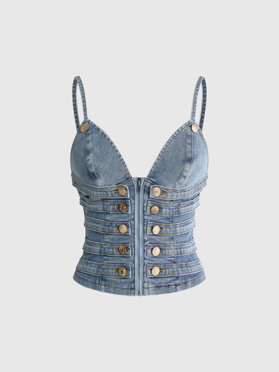 Women's blue fitted denim camisole top featuring metal buckle details, ruched cup design, zipper placket, and thin spaghetti straps.
