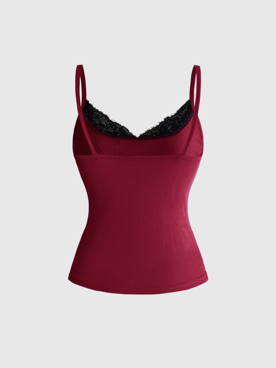 Black 2-in-1 lace patchwork cami tank top featuring spaghetti straps, contrast lace trim, and matching arm sleeves.