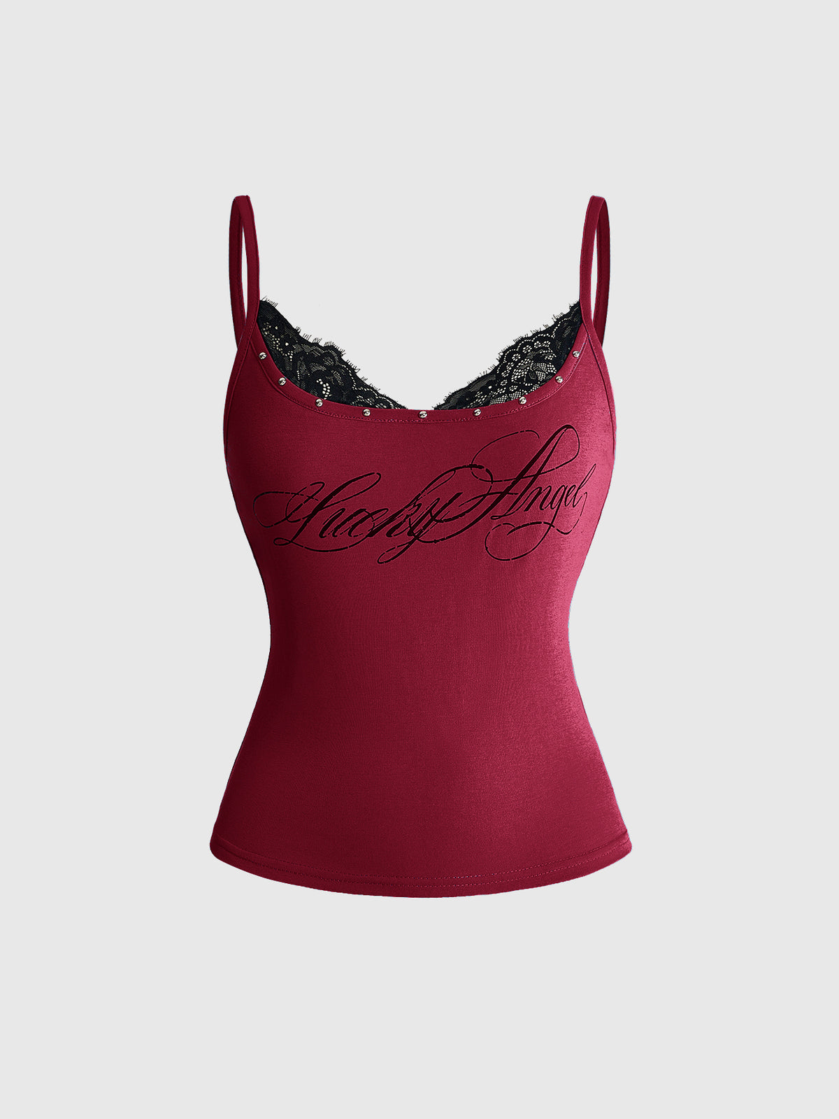 Black 2-in-1 lace patchwork cami tank top featuring spaghetti straps, contrast lace trim, and matching arm sleeves.