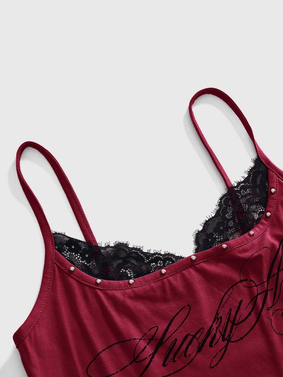 Black 2-in-1 lace patchwork cami tank top featuring spaghetti straps, contrast lace trim, and matching arm sleeves.