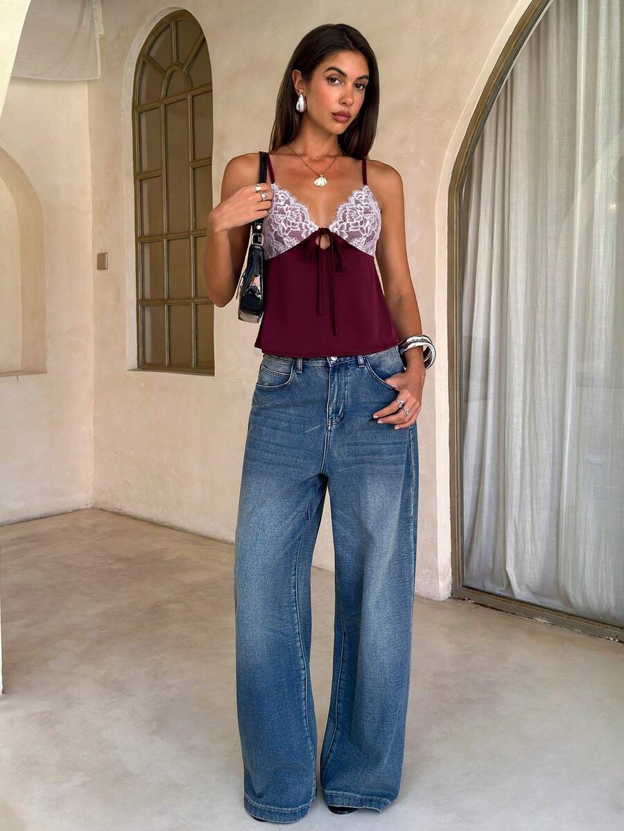 Women's slim fit lace patchwork camisole top with spaghetti straps