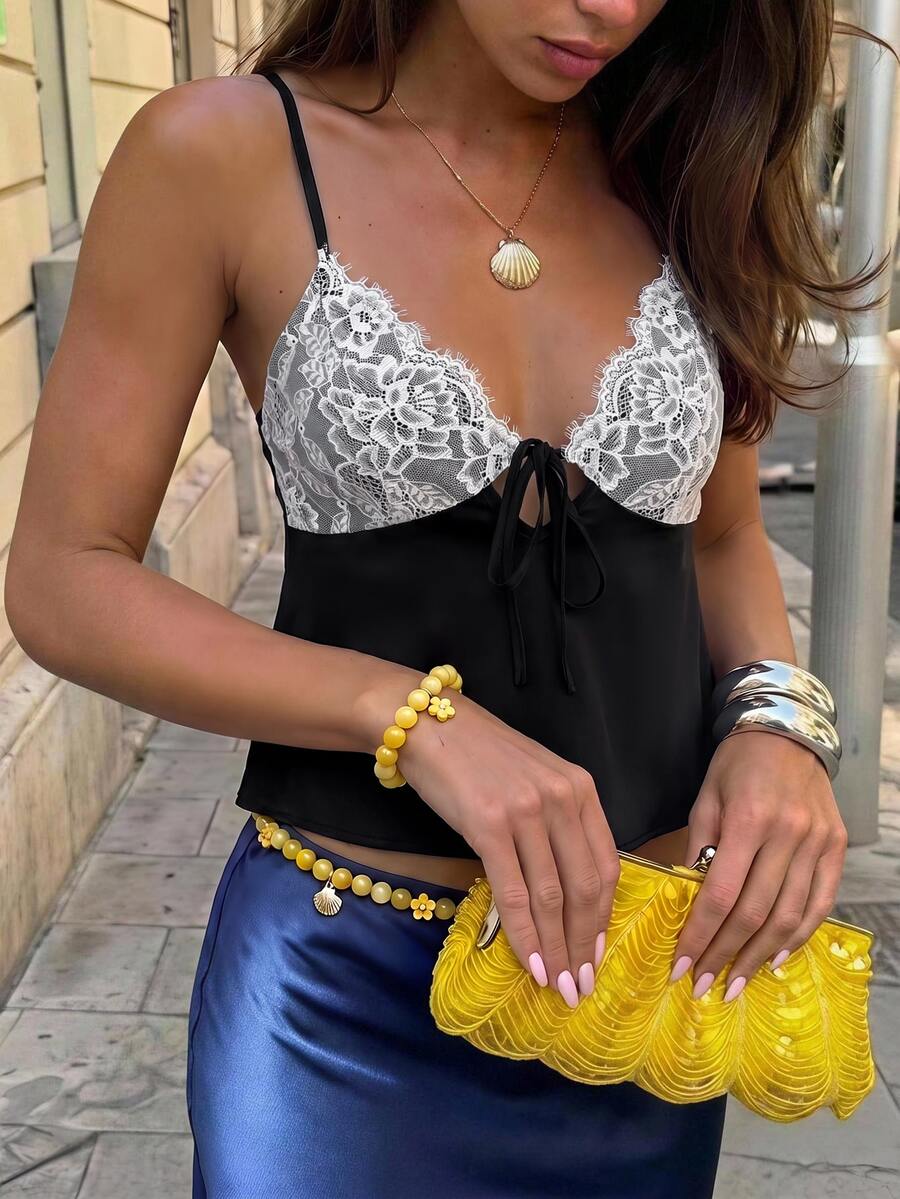 Women's slim fit lace patchwork camisole top with spaghetti straps