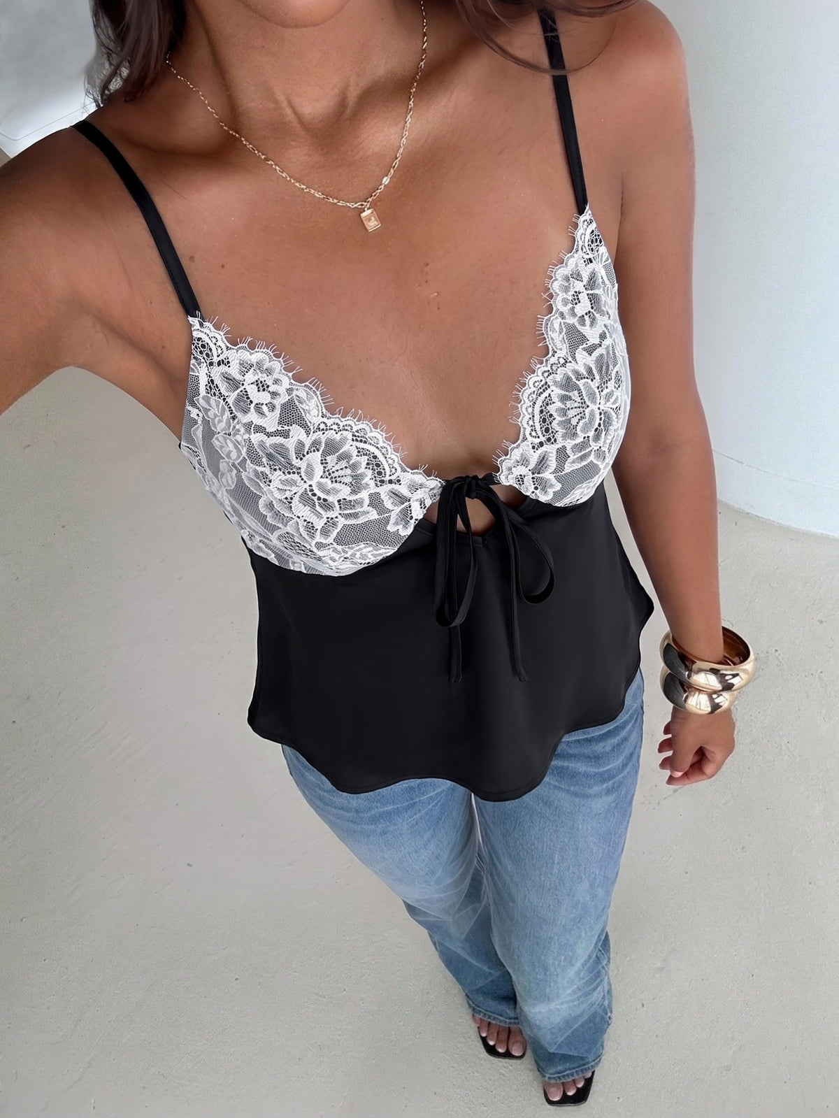 Women's slim fit lace patchwork camisole top with spaghetti straps