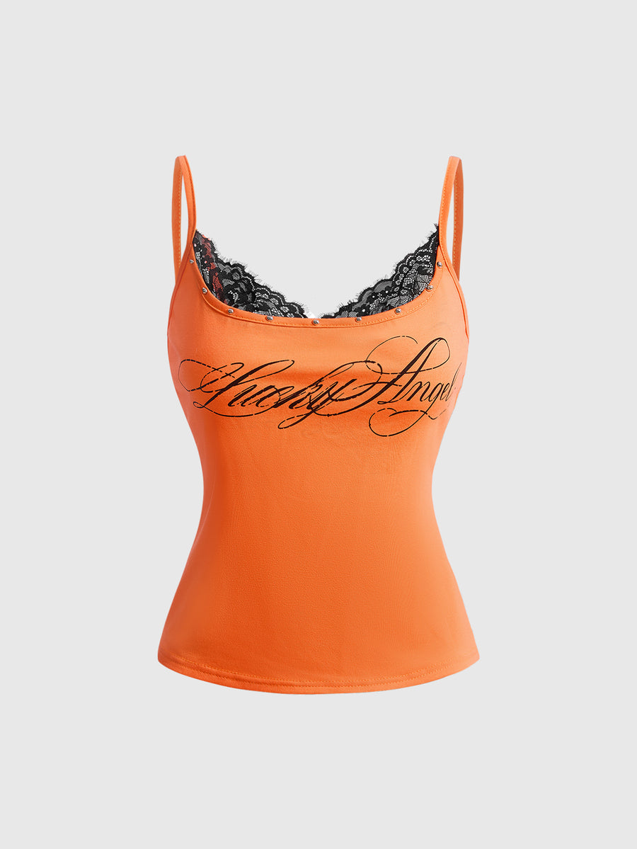 Black 2-in-1 lace patchwork cami tank top featuring spaghetti straps, contrast lace trim, and matching arm sleeves.