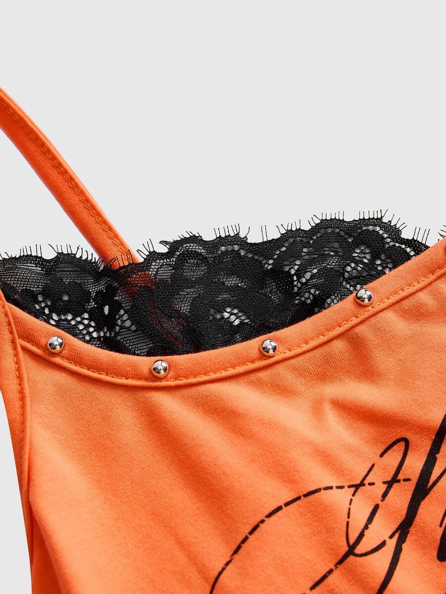 Black 2-in-1 lace patchwork cami tank top featuring spaghetti straps, contrast lace trim, and matching arm sleeves.
