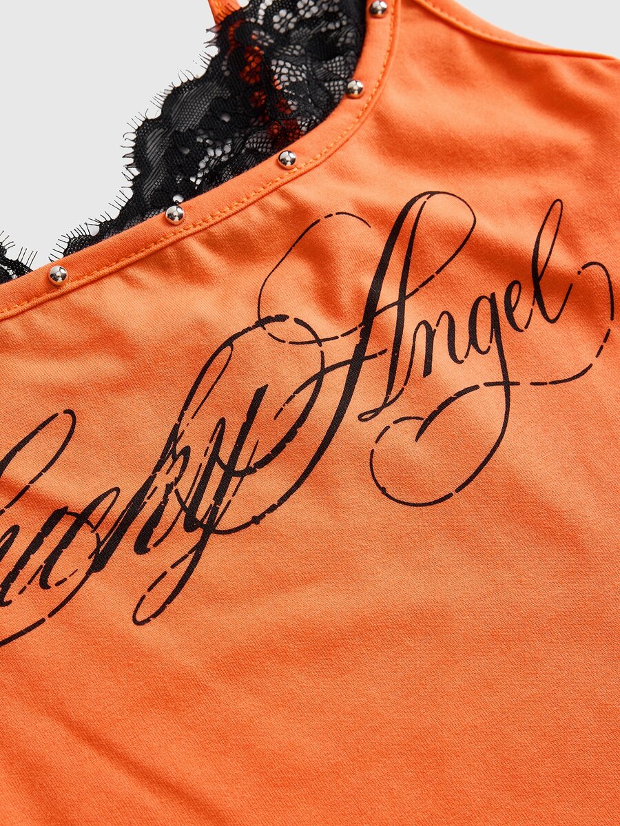 Black 2-in-1 lace patchwork cami tank top featuring spaghetti straps, contrast lace trim, and matching arm sleeves.