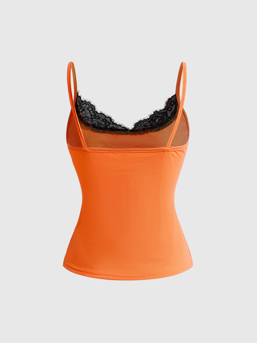 Black 2-in-1 lace patchwork cami tank top featuring spaghetti straps, contrast lace trim, and matching arm sleeves.