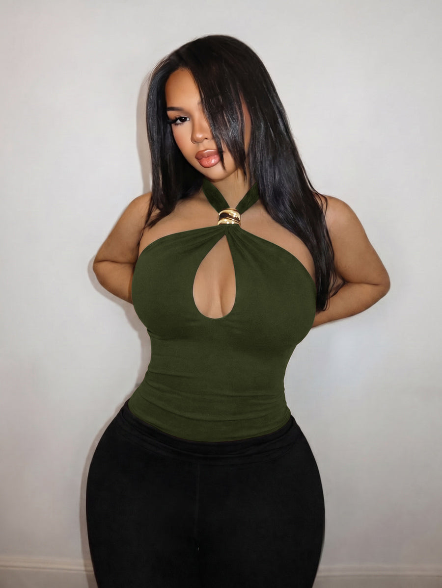 Women's cut out backless halter camisole top featuring a slim fit knitted design and front knot detail.