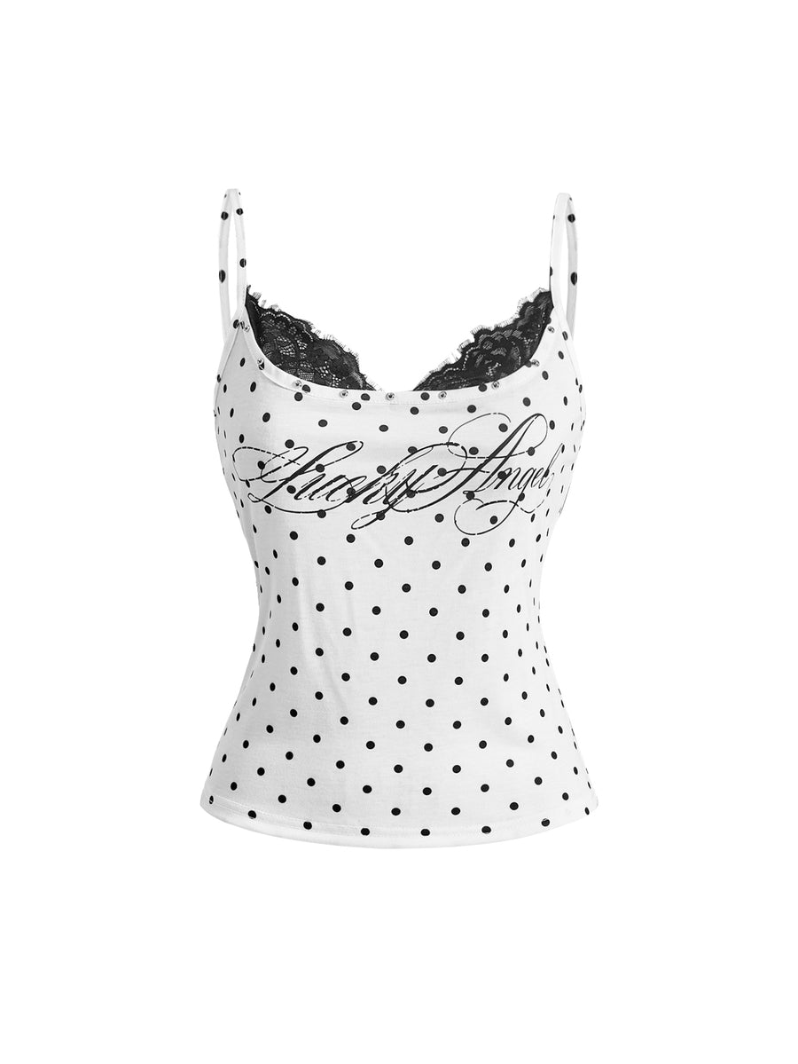 Black 2-in-1 lace patchwork cami tank top featuring spaghetti straps, contrast lace trim, and matching arm sleeves.