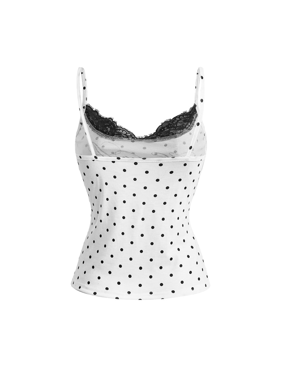 Black 2-in-1 lace patchwork cami tank top featuring spaghetti straps, contrast lace trim, and matching arm sleeves.