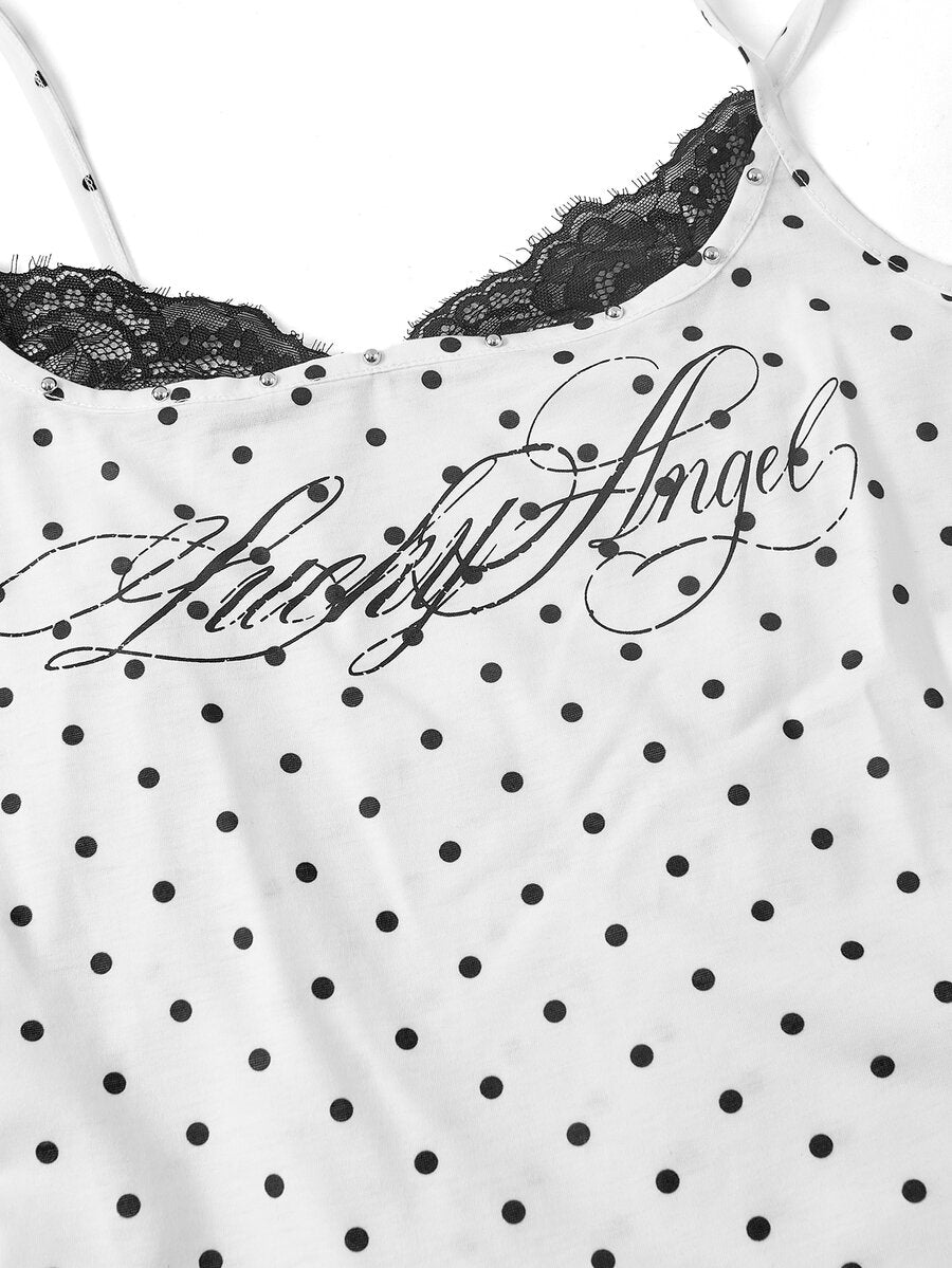Black 2-in-1 lace patchwork cami tank top featuring spaghetti straps, contrast lace trim, and matching arm sleeves.