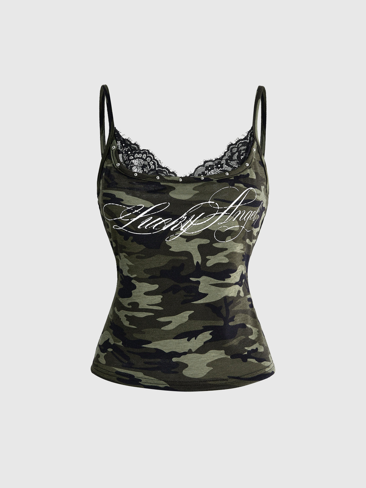 Black 2-in-1 lace patchwork cami tank top featuring spaghetti straps, contrast lace trim, and matching arm sleeves.