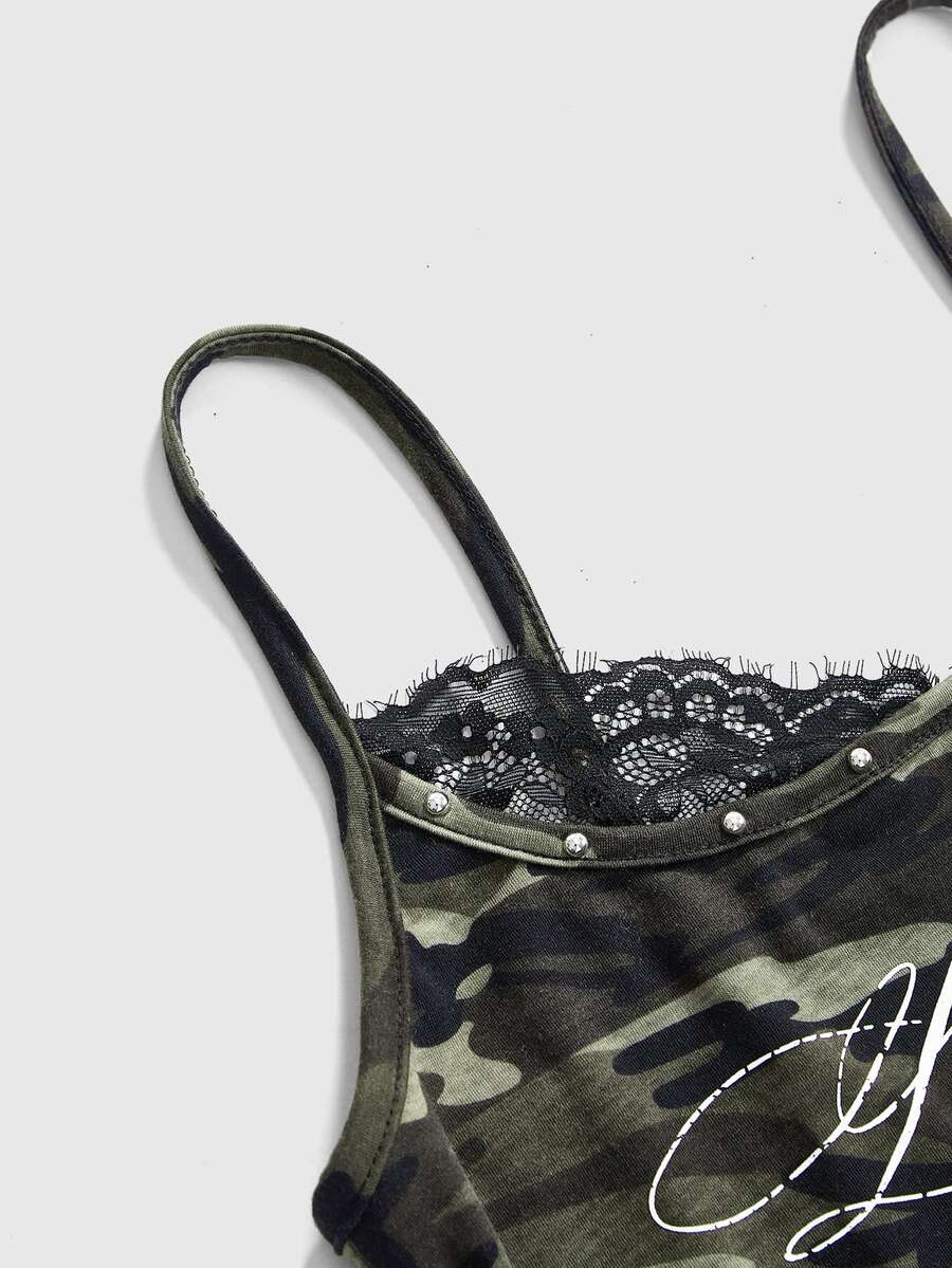Black 2-in-1 lace patchwork cami tank top featuring spaghetti straps, contrast lace trim, and matching arm sleeves.